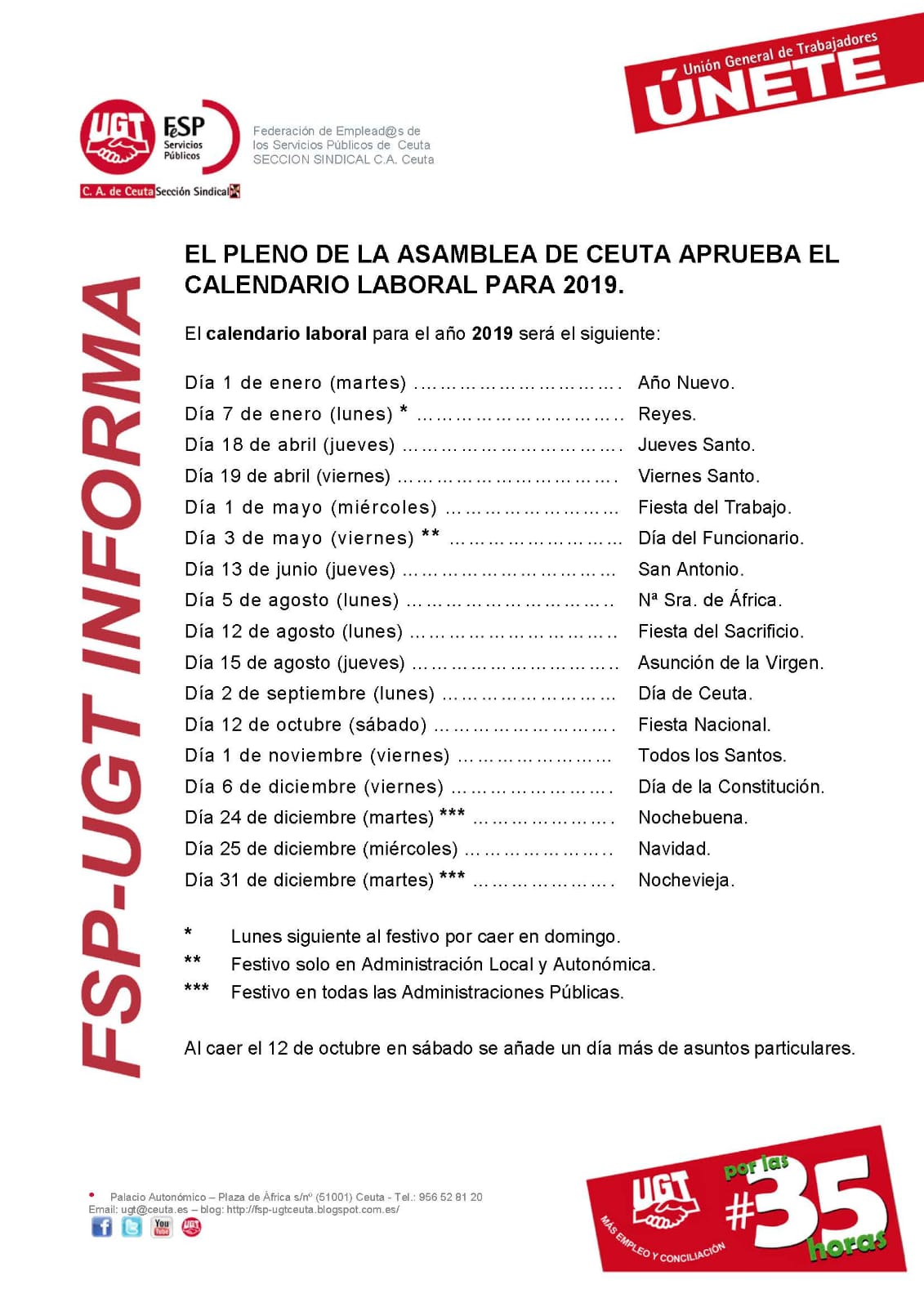 Calendario Laboral Asamblea de Ceuta 2019 FeSP-UGT Ceuta